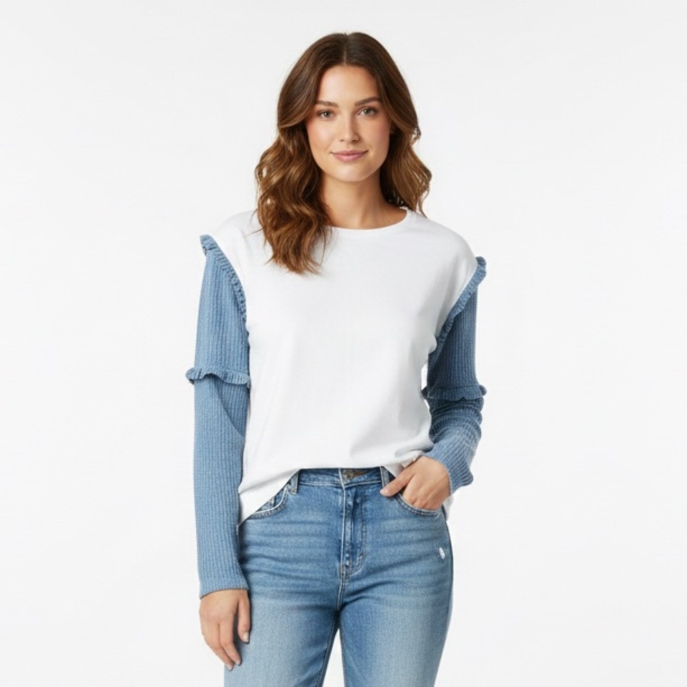 White and Blue Ruffle Sleeve Top- Medium
